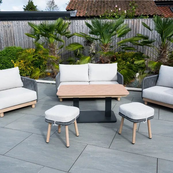BUXTON - Rope Weave 2 Seater Sofa Set with Piller Coffee Table and 2 Stools - Outdoor Structures UK