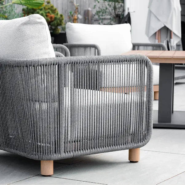 BUXTON - Rope Weave 2 Seater Sofa Set with Piller Coffee Table and 2 Stools - Outdoor Structures UK