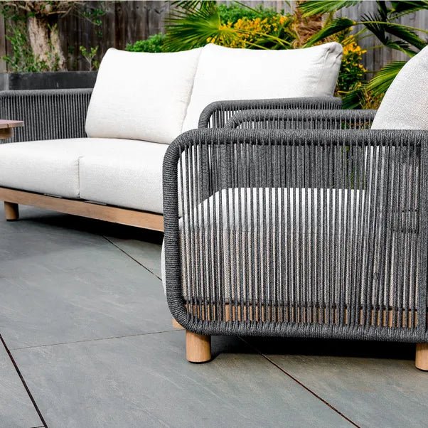 BUXTON - Rope Weave 2 Seater Sofa Set with Piller Coffee Table and 2 Stools - Outdoor Structures UK