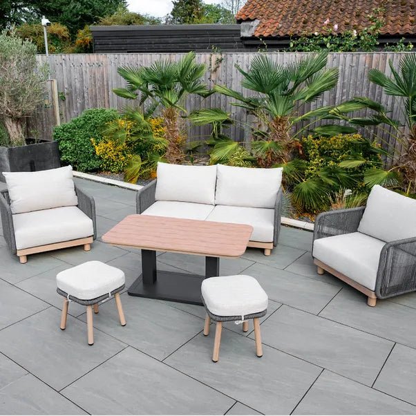 BUXTON - Rope Weave 2 Seater Sofa Set with Piller Coffee Table and 2 Stools - Outdoor Structures UK