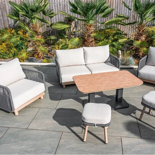 BUXTON - Rope Weave 2 Seater Sofa Set with Piller Coffee Table and 2 Stools - Outdoor Structures UK