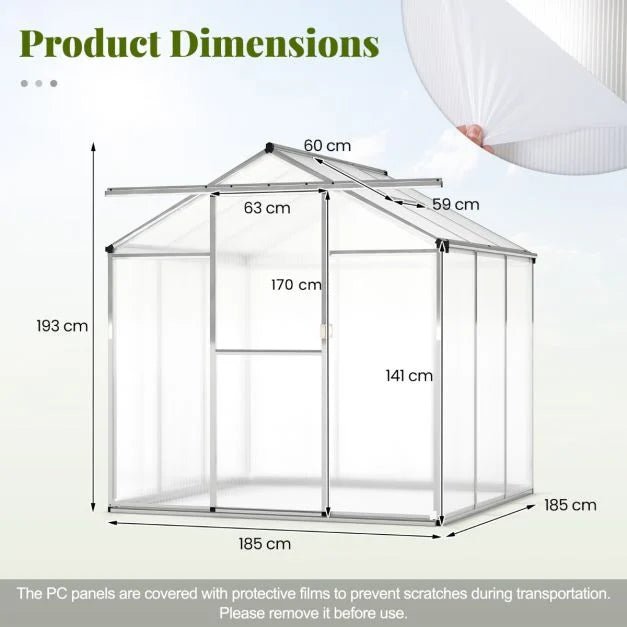 Large Walk‑In Polycarbonate Greenhouse (185 × 185 cm / 244 × 185 cm) - Outdoor Structures UK