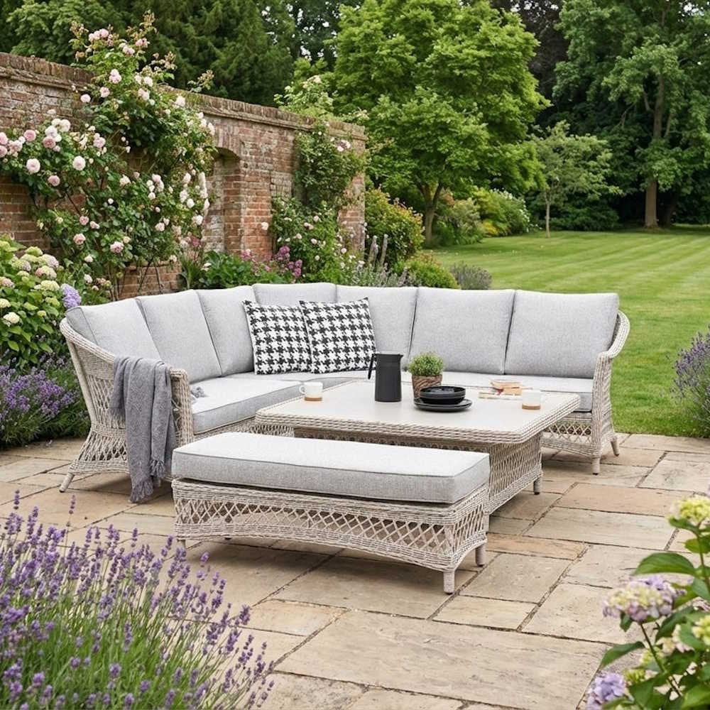 COTSWOLD - Wicker comfort corner set with 2 benches and square height adjustable table