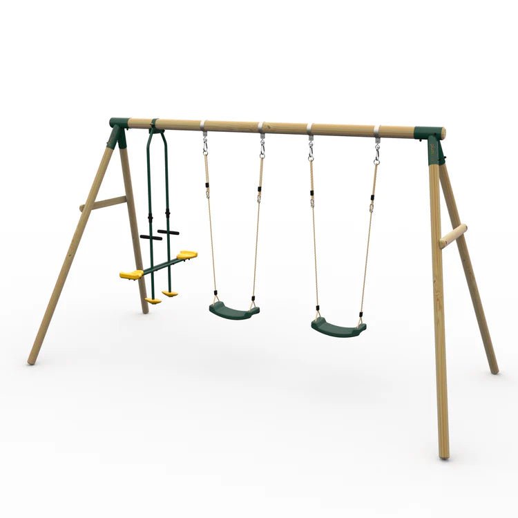 Plum® ColobusTM Wooden Garden Swing Set - Double Swing & Glider - Green - Outdoor Structures UK