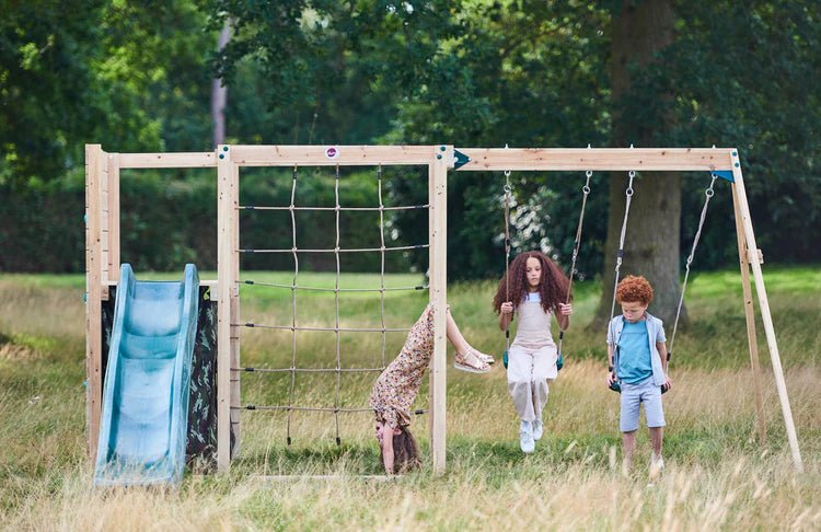 Plum Cube with Swing Arm – Wooden Climbing & Swing Play Centre - Outdoor Structures UK