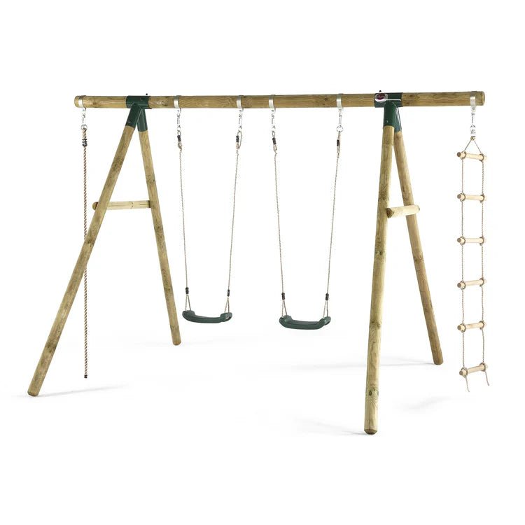 Plum® GibbonTM Wooden Swing Set - Double Swing, Rope & Ladder - Green - Outdoor Structures UK