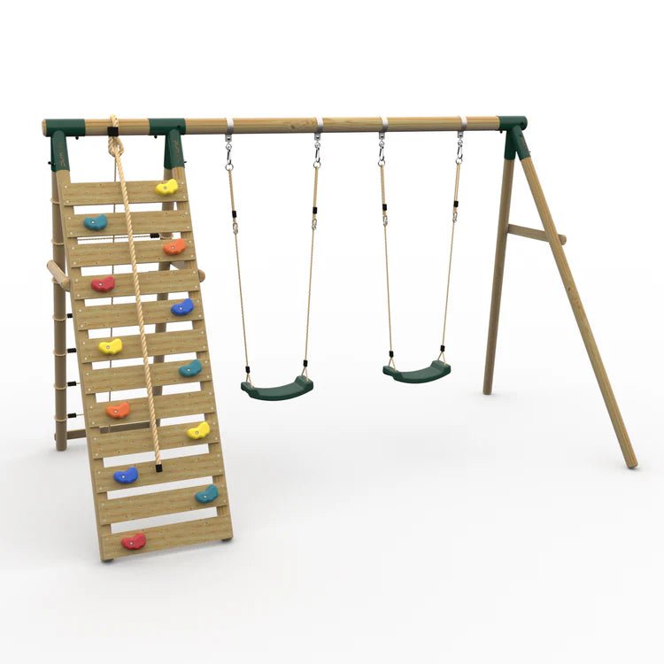 Plum® Uakari™ Wooden Swing Set – Double Swing & Climbing Wall - Outdoor Structures UK