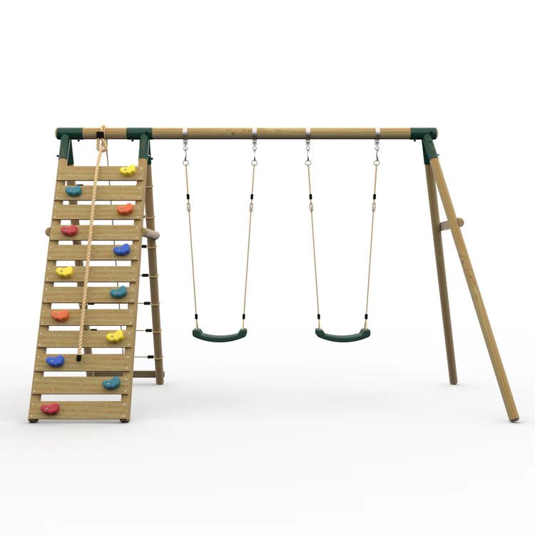Plum® Uakari™ Wooden Swing Set – Double Swing & Climbing Wall - Outdoor Structures UK