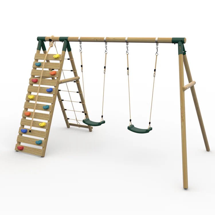 Plum® Uakari™ Wooden Swing Set – Double Swing & Climbing Wall - Outdoor Structures UK