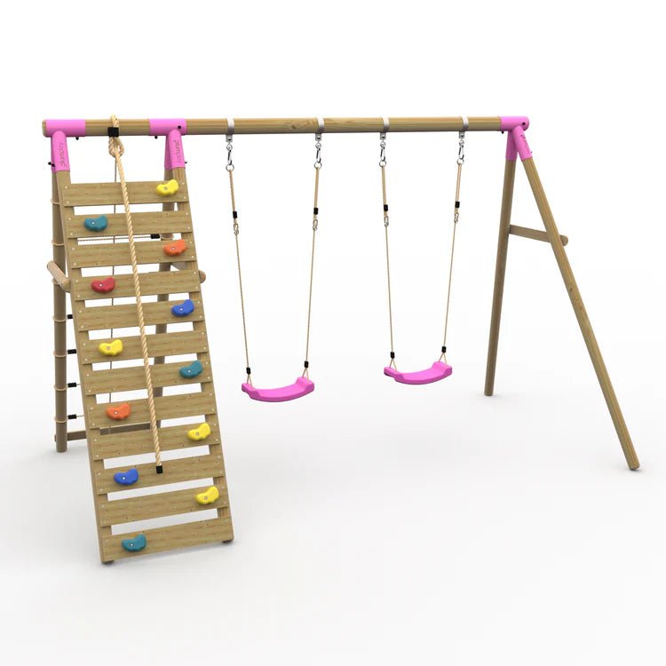 Plum® Uakari™ Wooden Swing Set – Double Swing & Climbing Wall - Outdoor Structures UK