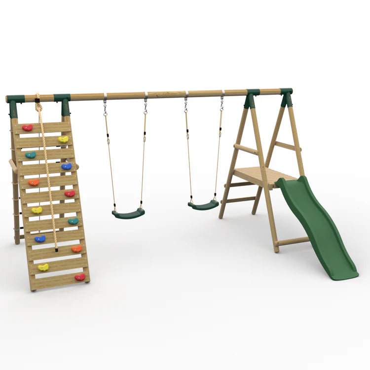Plum® Woolly Monkey II™ Wooden Swing Set – Double Swing, Climbing Wall, Deck & Slide - Outdoor Structures UK