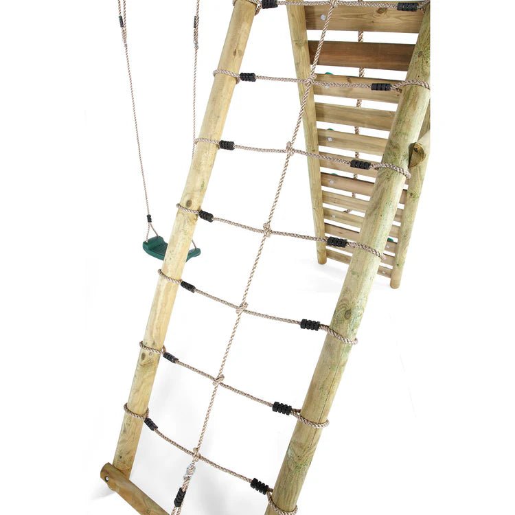 Plum® Woolly Monkey II™ Wooden Swing Set – Double Swing, Climbing Wall, Deck & Slide - Outdoor Structures UK
