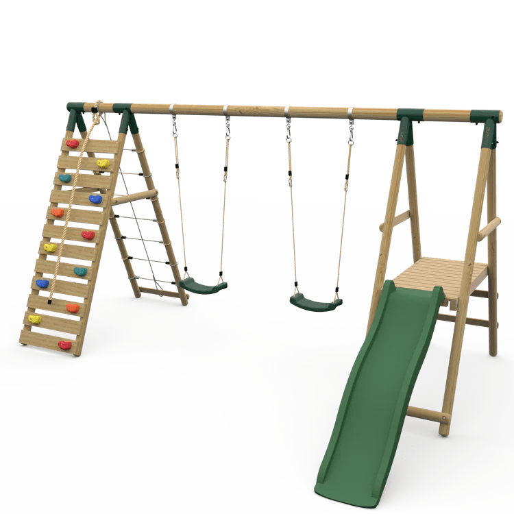 Plum® Woolly Monkey II™ Wooden Swing Set – Double Swing, Climbing Wall, Deck & Slide - Outdoor Structures UK