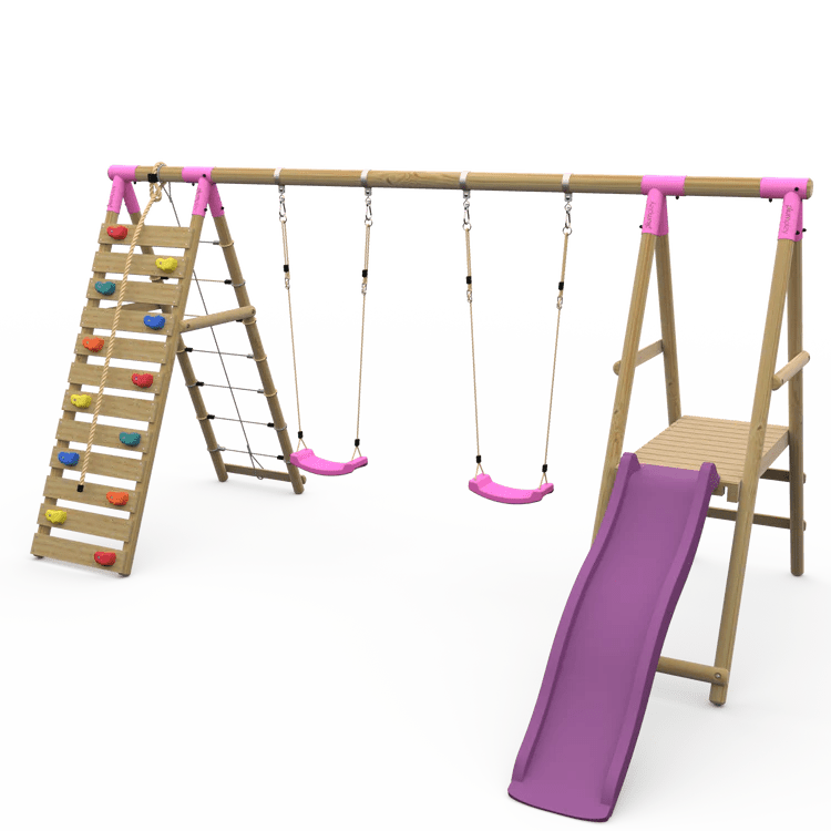 Plum® Woolly Monkey II™ Wooden Swing Set – Double Swing, Climbing Wall, Deck & Slide - Outdoor Structures UK