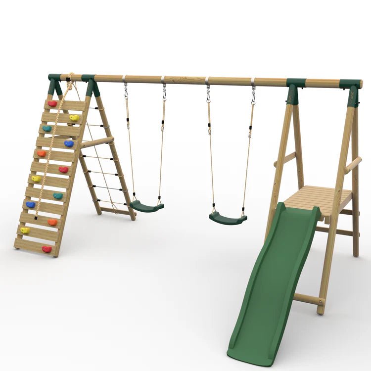 Plum® Woolly Monkey II™ Wooden Swing Set – Double Swing, Climbing Wall, Deck & Slide - Outdoor Structures UK