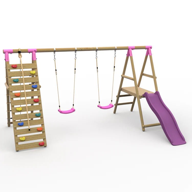 Plum® Woolly Monkey II™ Wooden Swing Set – Double Swing, Climbing Wall, Deck & Slide - Outdoor Structures UK