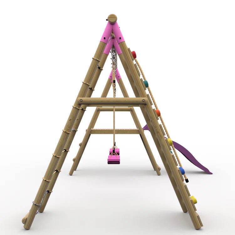 Plum® Woolly Monkey II™ Wooden Swing Set – Double Swing, Climbing Wall, Deck & Slide - Outdoor Structures UK