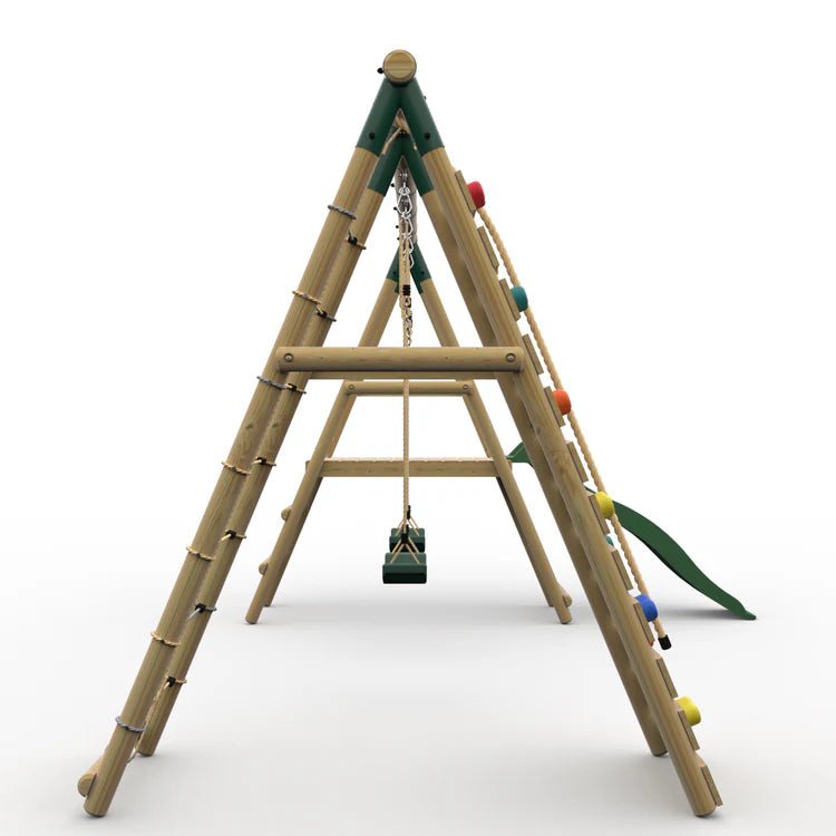 Plum® Woolly Monkey II™ Wooden Swing Set – Double Swing, Climbing Wall, Deck & Slide - Outdoor Structures UK