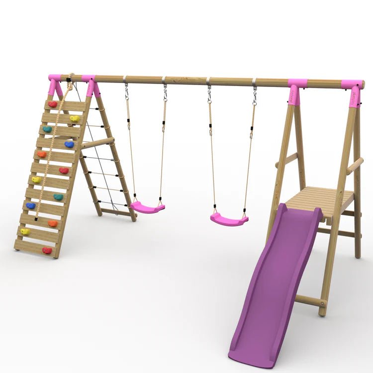 Plum® Woolly Monkey II™ Wooden Swing Set – Double Swing, Climbing Wall, Deck & Slide - Outdoor Structures UK