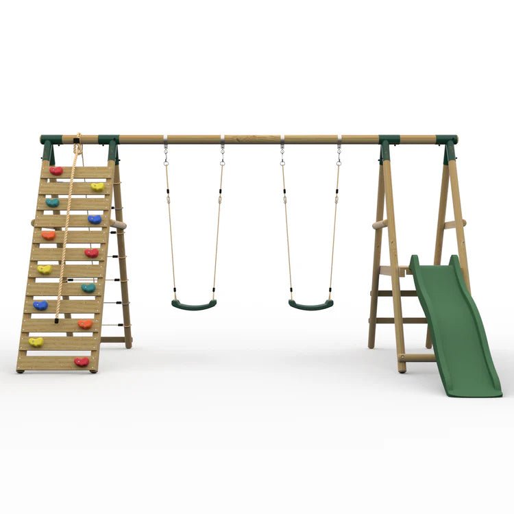 Plum® Woolly Monkey II™ Wooden Swing Set – Double Swing, Climbing Wall, Deck & Slide - Outdoor Structures UK