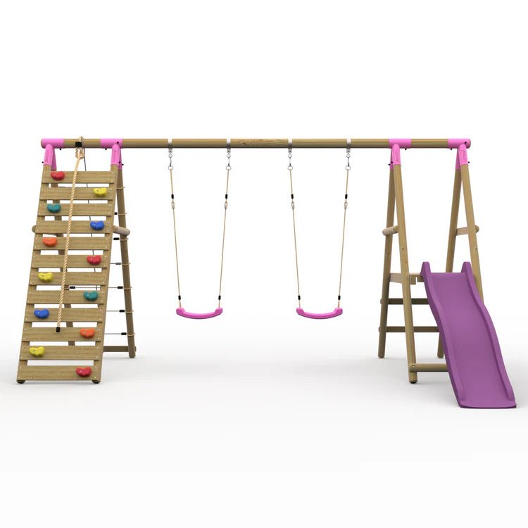 Plum® Woolly Monkey II™ Wooden Swing Set – Double Swing, Climbing Wall, Deck & Slide - Outdoor Structures UK
